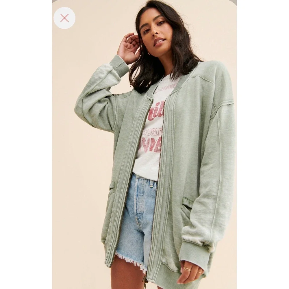 Free People Robby Bomber Jacket Washed Army Green Acid Wash Fleece Small